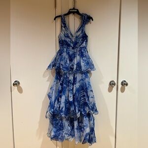 Marchesa Notte Blue and White Painterly Tiered Ruffle Gown Size 0 NWT